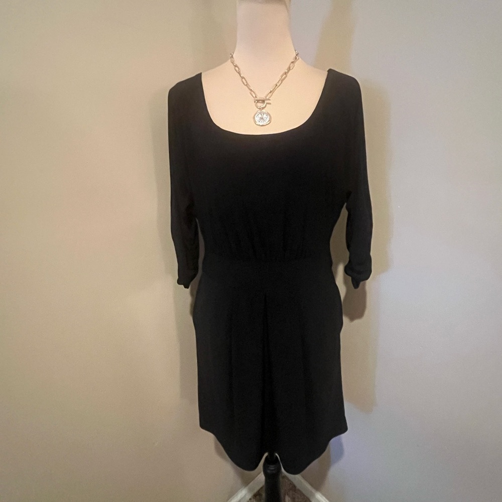 White House Black Market Classic Black ruched 3/4 Sleeve Scoop Neck Dress,  M